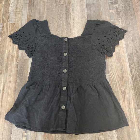 Madewell Black Eyelet-Sleeved Lucie Smocked Peplum Top Size Small - Picture 5 of 6
